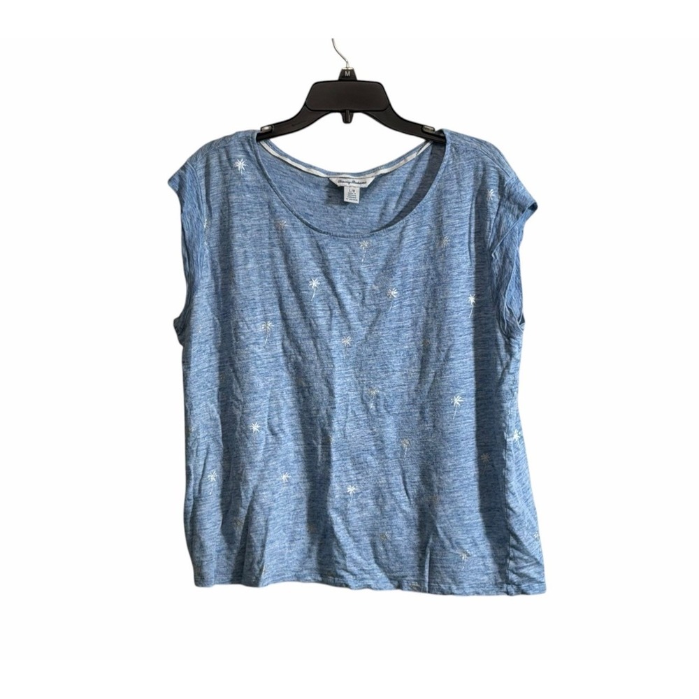 Tommy Bahama 100% Linen Top Large Blue Palm Tree Coastal Cap Sleeve Tee